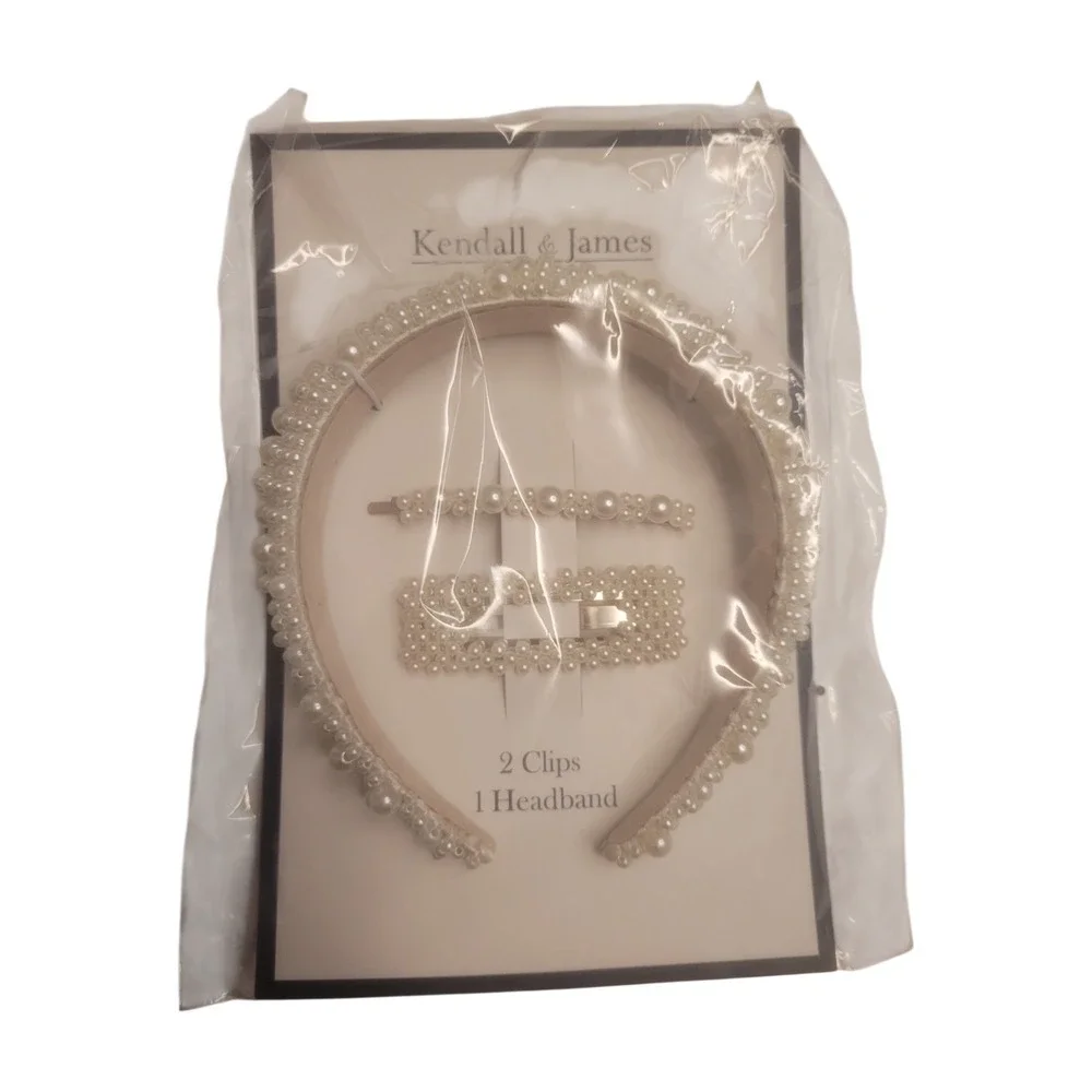 NWT Kendall & James Beaded Pearls Head Band Set W/2 Pearl Clips